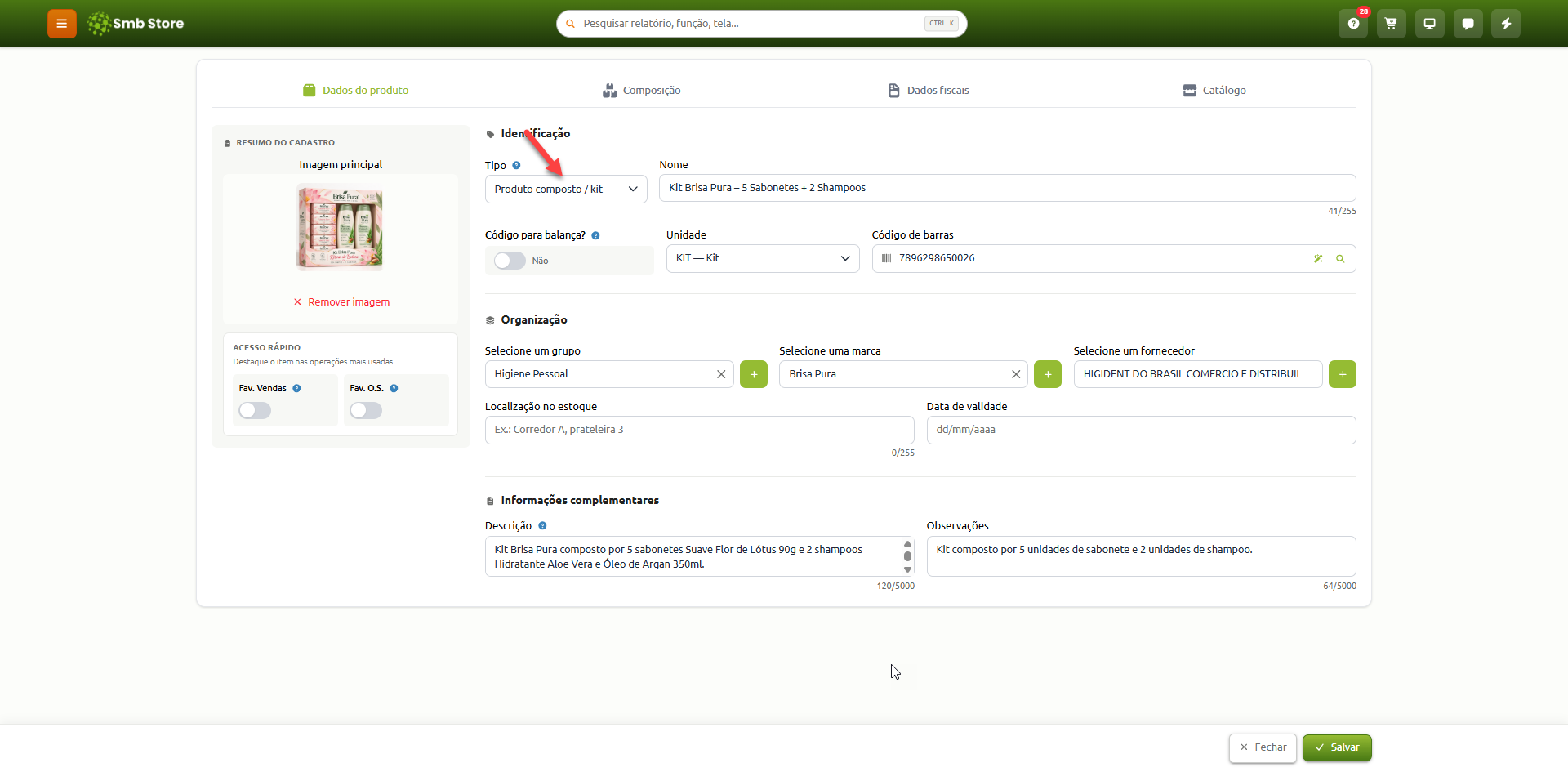 Tela de cadastro de produto no Smb Store, com a opção de tipo definida como "Produto composto / kit", além de campos preenchidos com foto, nome, código de barras, grupo, marca e descrição do item.