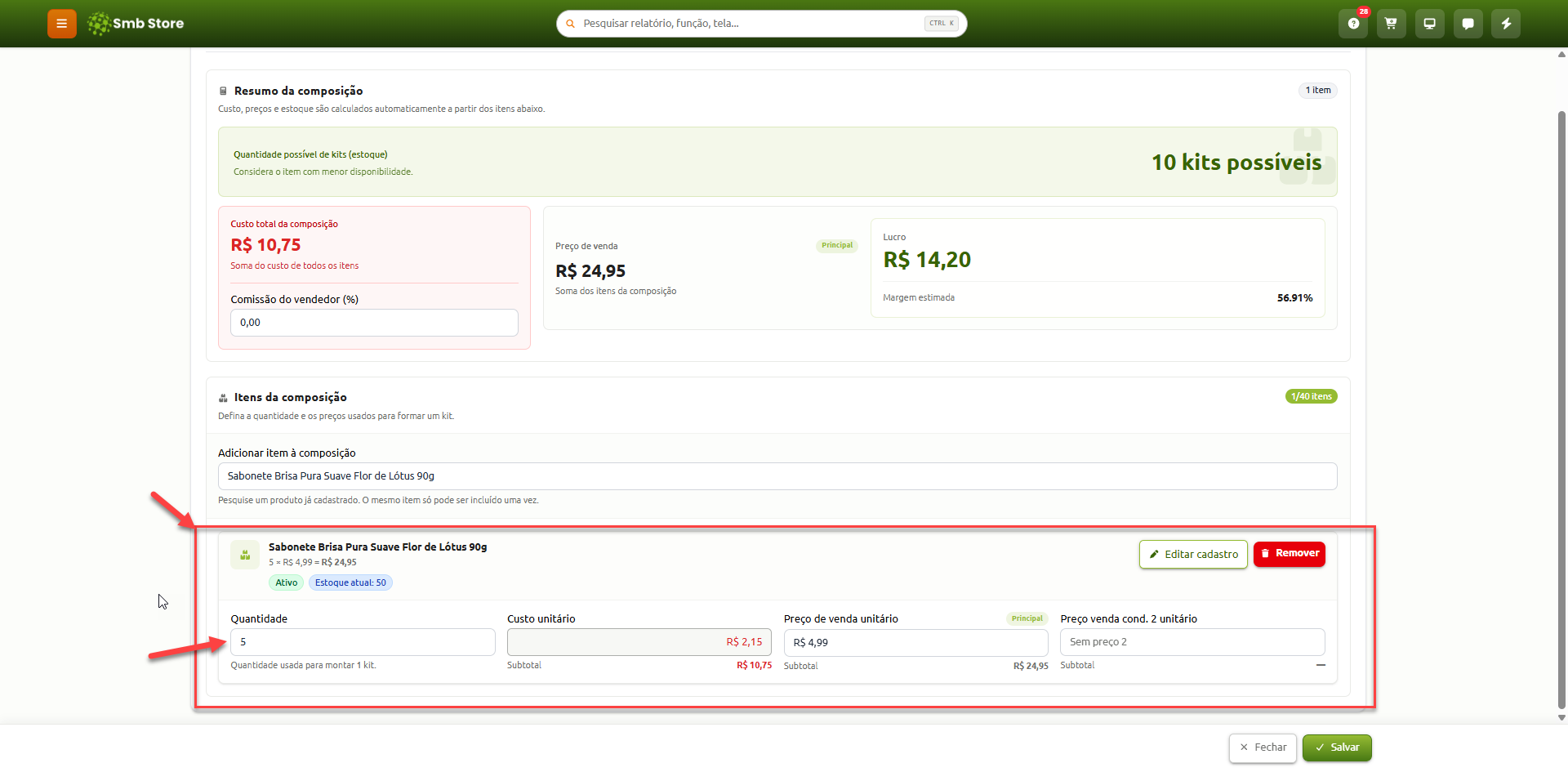 Tela de composição de kit de produtos no Smb Store, destacando a inserção da quantidade de 5 unidades do sabonete com seus respectivos custos, preços de venda unitário e totais calculados.