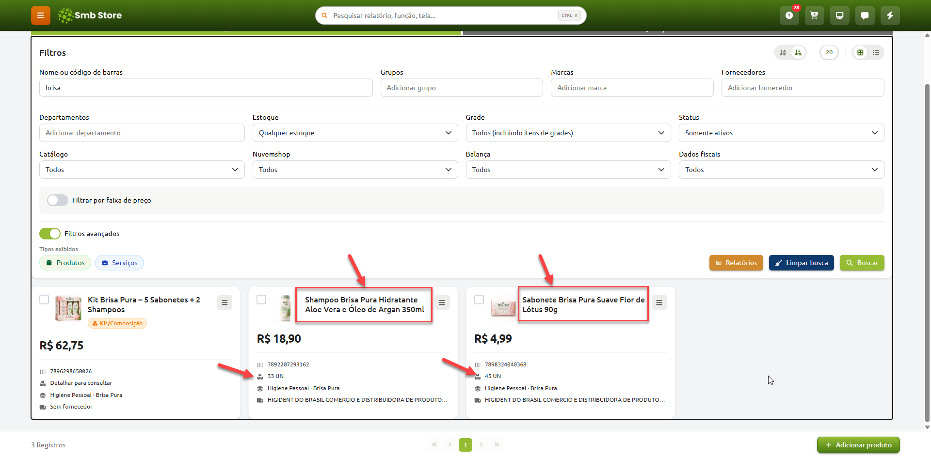 Tela de consulta de produtos no sistema Smb Store com filtros aplicados, destacando os nomes e as quantidades em estoque dos itens retornados na busca.