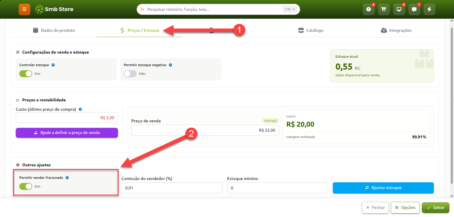 Tela do Smb Store na aba Preços e Estoque, destacando a opção Permitir vender fracionado ativada na seção de outros ajustes do produto.