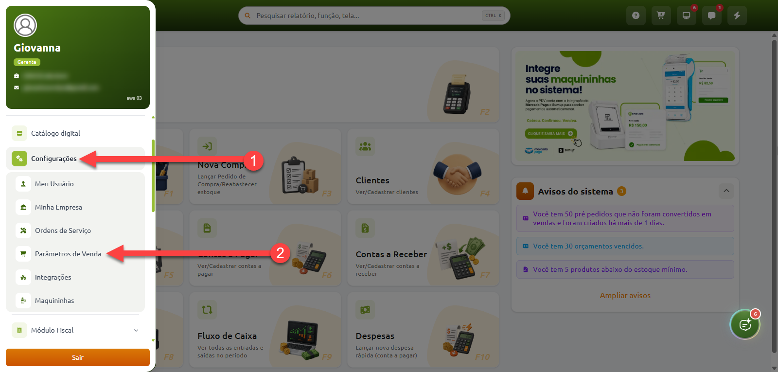 Navegação no menu lateral do sistema, indicando o acesso à opção "Configurações" no passo 1 e a seleção de "Parâmetros de Venda" no passo 2.