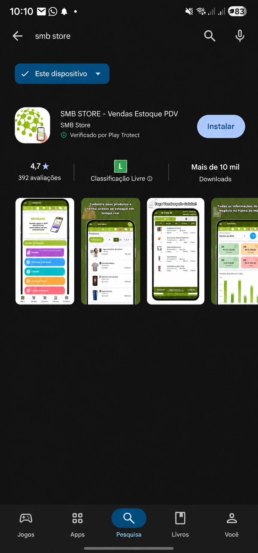 Página do aplicativo SMB STORE - Vendas Estoque PDV na Google Play Store, com o botão Instalar e imagens de apresentação do aplicativo.