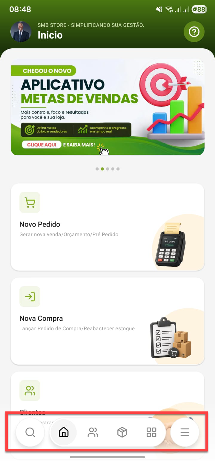 Tela inicial do aplicativo SMB Store com destaque na barra de navegação inferior, que contém atalhos para busca, início, clientes, estoque, módulos e menu.
