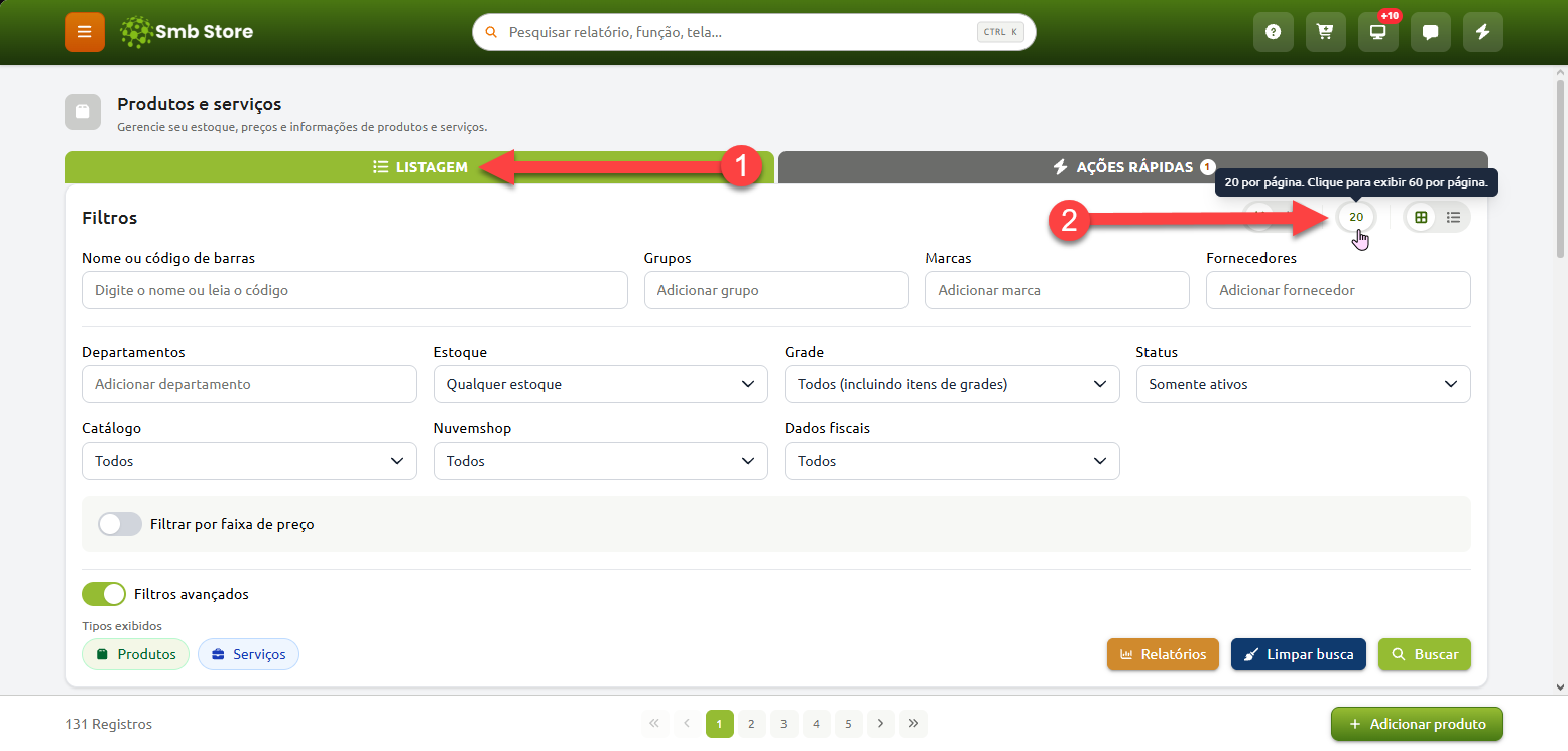 Tela de listagem de produtos e serviços no Smb Store, destacando a aba Listagem e o botão para alterar a exibição de 20 para 60 itens por página.