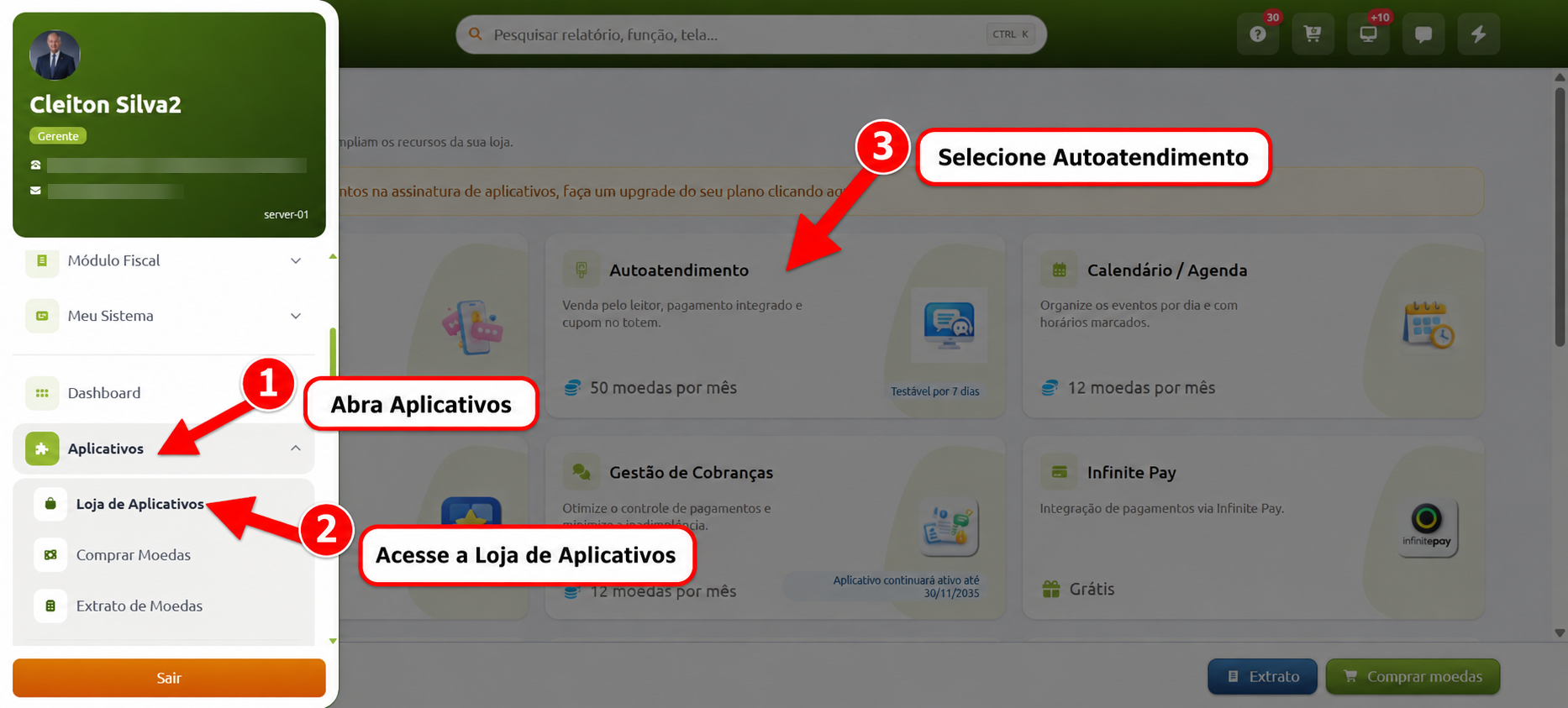 Instruções para acessar o módulo de Autoatendimento no sistema: no menu lateral, abrir a seção "Aplicativos", selecionar a opção "Loja de Aplicativos" e, na tela exibida, clicar no card "Autoatendimento".