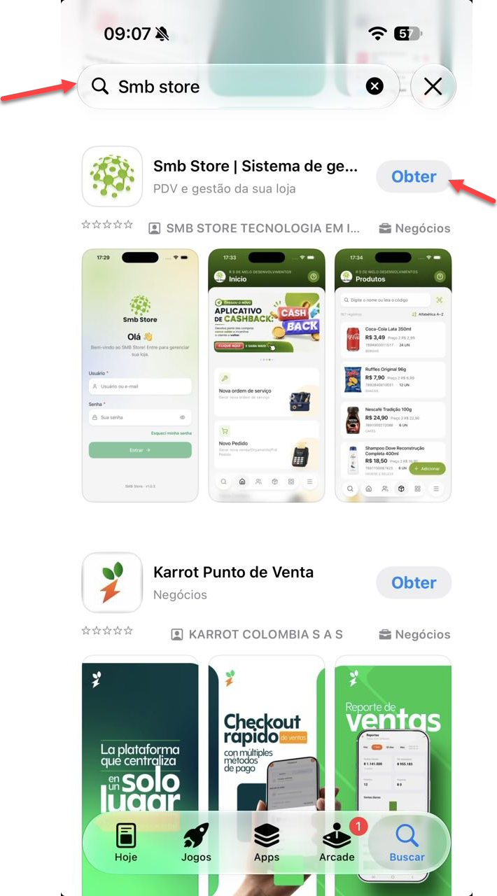 Tela de busca da App Store pelo termo "Smb store", destacando o aplicativo nos resultados e o botão "Obter" para instalação.