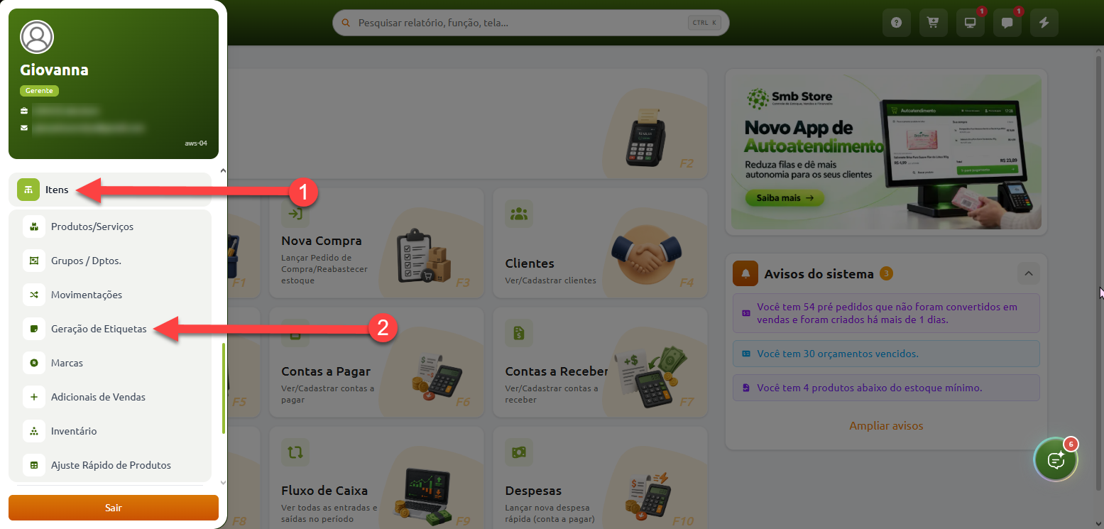Menu lateral do sistema Smb Store com sequência indicada para acessar a função de Geração de Etiquetas a partir da categoria Itens.