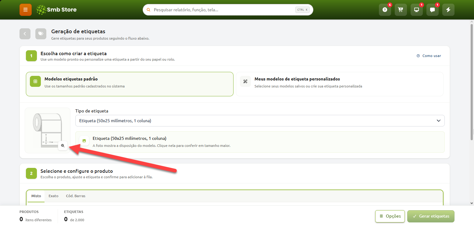 Tela de geração de etiquetas do sistema Smb Store, destacando a opção de ampliar a imagem de pré-visualização do modelo de etiqueta selecionado.