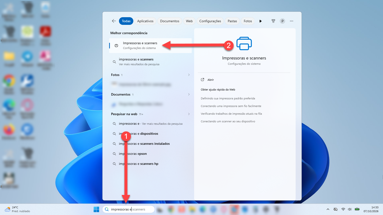 Menu Iniciar do Windows com a busca por "impressoras e scanners" na barra de tarefas (passo 1) e o resultado correspondente selecionado nas configurações do sistema (passo 2).