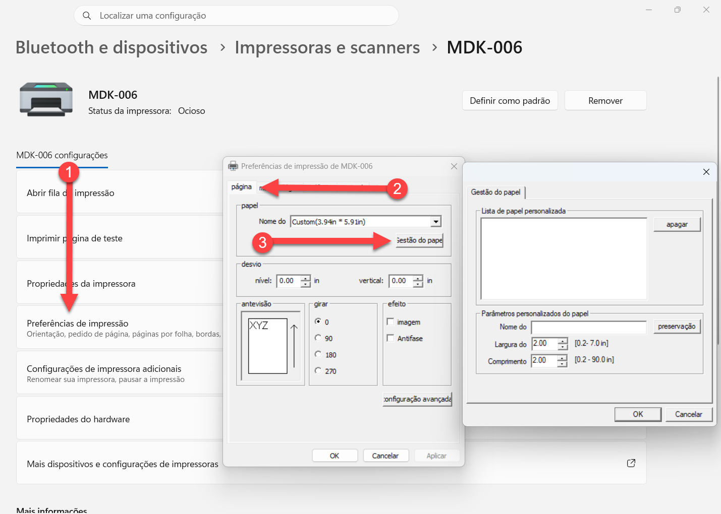 Tela de configurações da impressora no Windows com passo a passo numerado indicando a seleção da opção Preferências de impressão (1), seguida da aba de configuração de página (2) e do botão Gestão do papel (3), que abre a janela para personalização do tamanho e parâmetros do papel.
