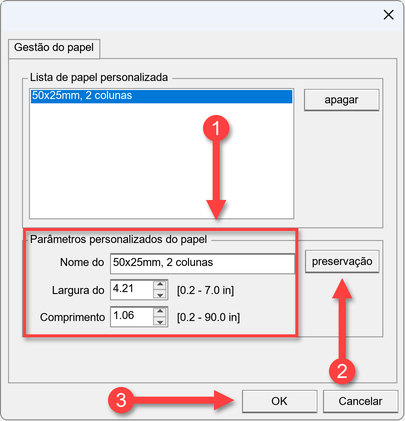 Janela de gestão do papel indicando o fluxo para criar ou editar um tamanho personalizado: o passo 1 destaca a definição do nome, largura e comprimento; o passo 2 aponta para o botão de preservação; e o passo 3 indica a confirmação no botão OK.