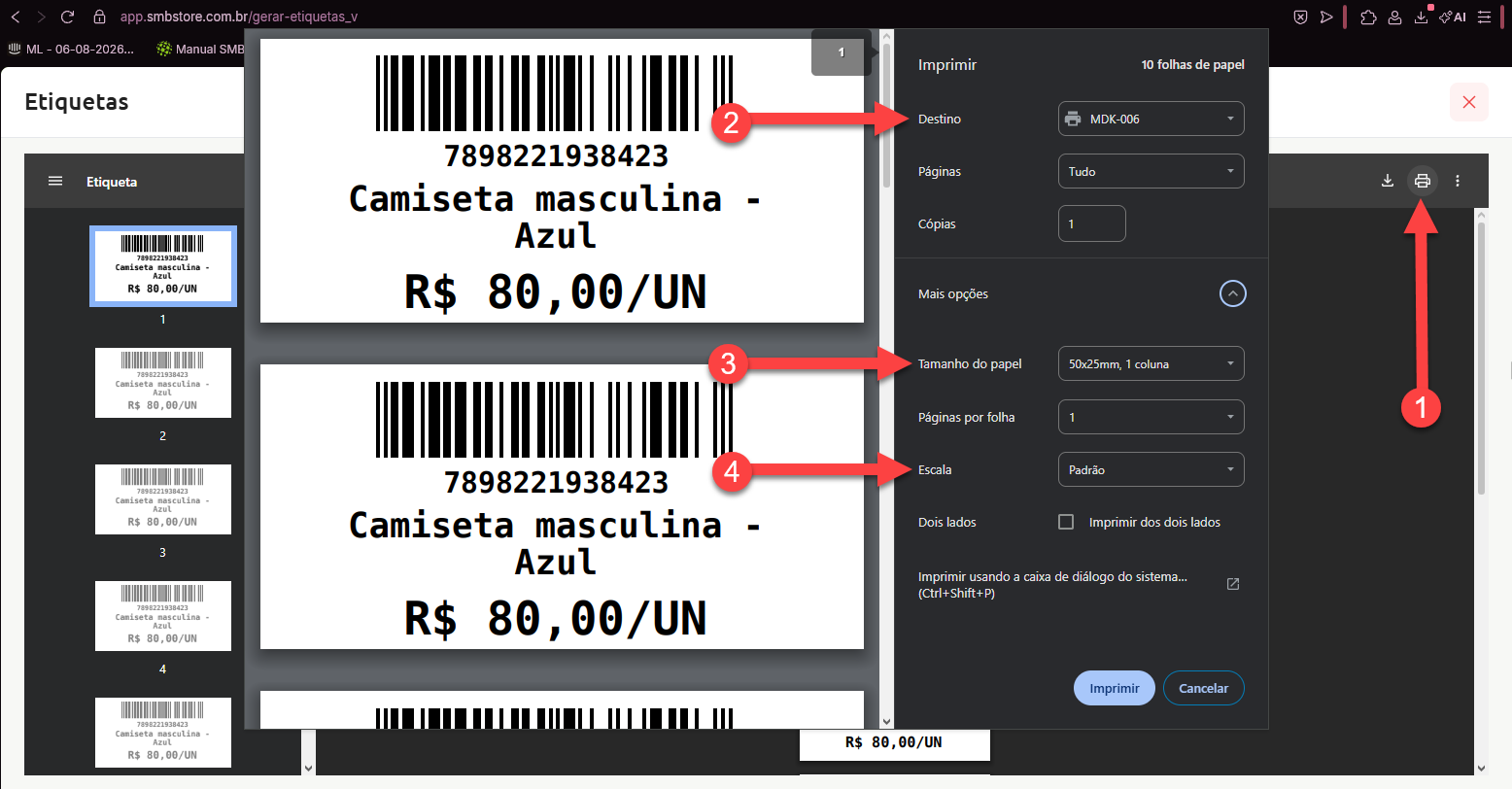 Tela de impressão de etiquetas de produtos do SMB Store com um passo a passo numerado: 1 indica o botão de impressão, 2 o campo de seleção da impressora de destino, 3 a definição do tamanho do papel e 4 o ajuste da escala.