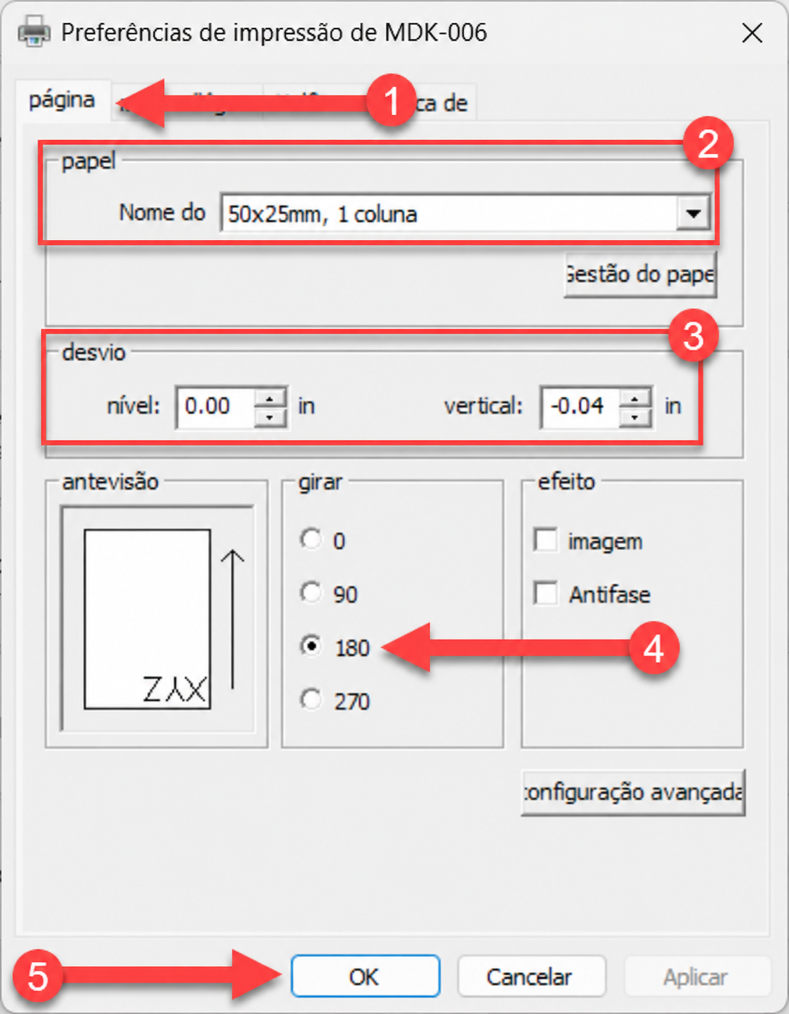 Janela de preferências de impressão com instruções numeradas de 1 a 5 para configurar a página: selecionar a aba Página (1), definir o tamanho do papel como "50x25mm, 1 coluna" (2), ajustar o desvio vertical para "-0.04 in" e de nível para "0.00 in" (3), marcar a rotação de 180 graus (4) e confirmar a alteração no botão OK (5).