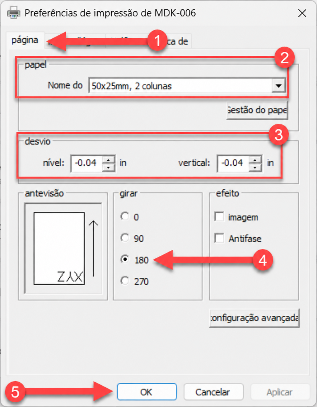Janela de preferências de impressão da impressora MDK-006 com passos numerados para configuração na aba Página: seleção do formato do papel para 50x25mm em 2 colunas, ajuste dos campos de desvio de nível e vertical para -0.04 in, marcação da rotação em 180 graus e confirmação no botão OK.