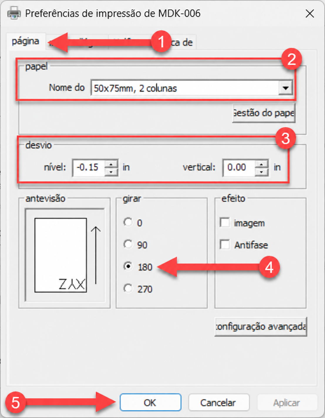 Janela de preferências de impressão com instruções passo a passo para configuração de página, destacando a seleção do tamanho do papel como "50x75mm, 2 colunas", o ajuste de desvio de nível para "-0.15", a opção de rotação em 180 graus e a confirmação no botão "OK".
