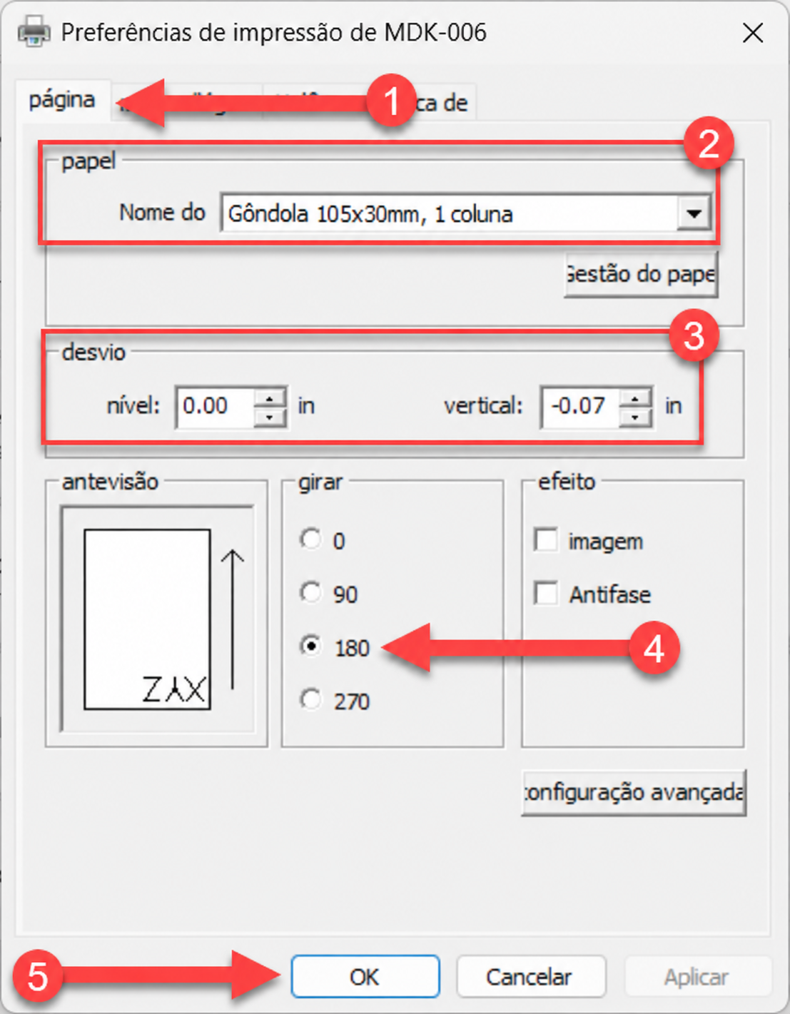 Janela de preferências de impressão com instruções passo a passo para configurar a página: acessar a aba Página, selecionar o formato de papel "Gôndola 105x30mm, 1 coluna", ajustar o desvio vertical para -0.07 in, definir a rotação em 180 graus e confirmar clicando em OK.