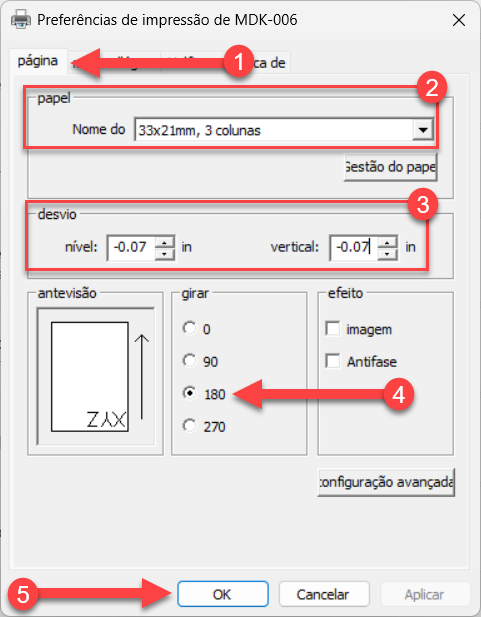 Janela de preferências de impressão da impressora MDK-006 com instruções numeradas de 1 a 5 para configuração: acessar a aba "página", selecionar o papel "33x21mm, 3 colunas", ajustar os desvios horizontal e vertical para "-0.07 in", definir a rotação em "180" graus e confirmar as alterações no botão "OK".