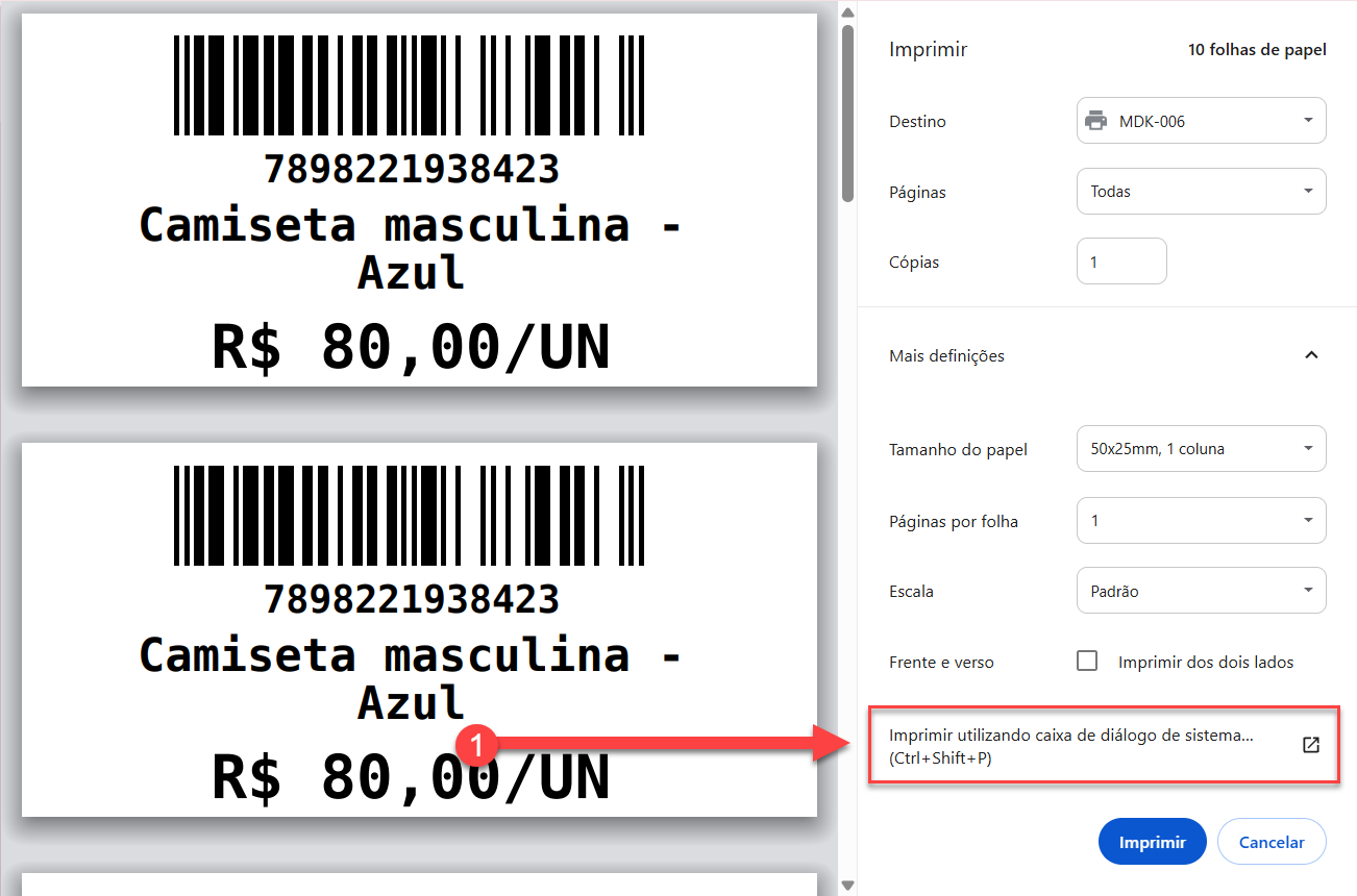 Tela de impressão de etiquetas de produto com visualização à esquerda e painel de configurações à direita, destacando a opção "Imprimir utilizando caixa de diálogo de sistema...".