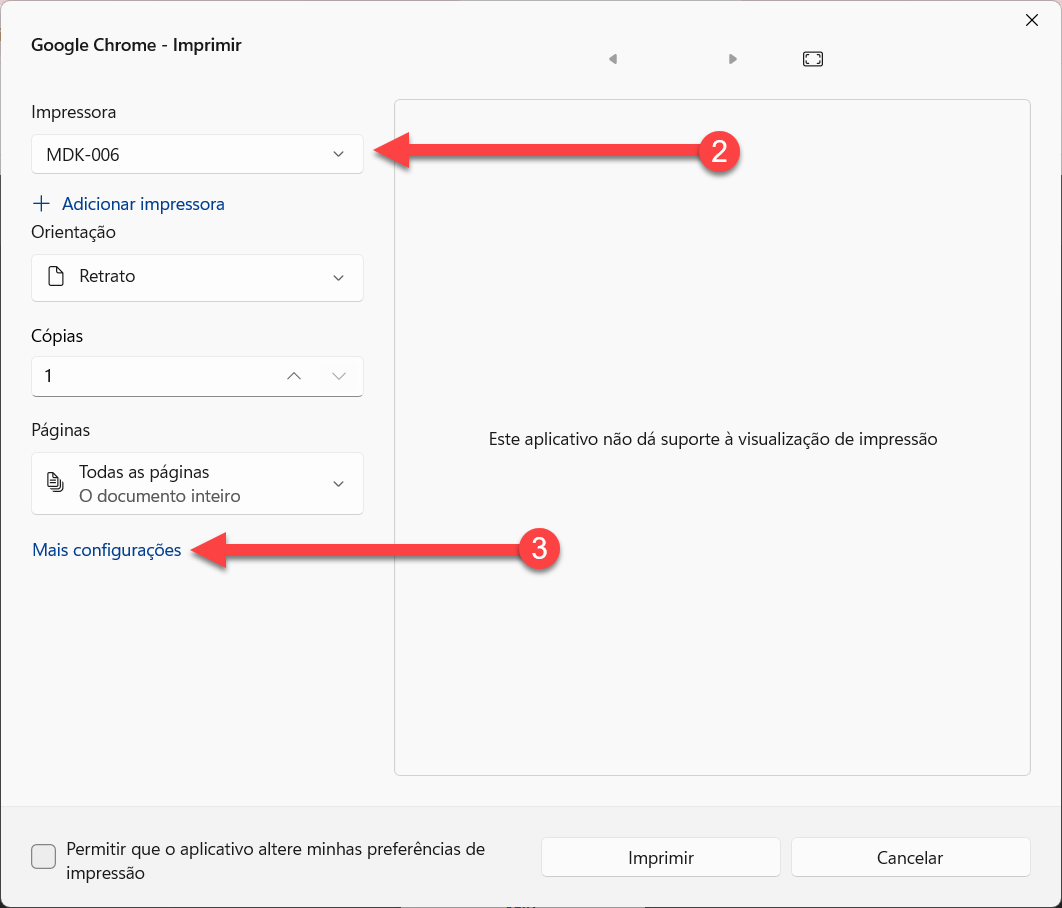 Janela de impressão do Google Chrome com setas numeradas indicando a seleção da impressora no passo 2 e a opção "Mais configurações" no passo 3.