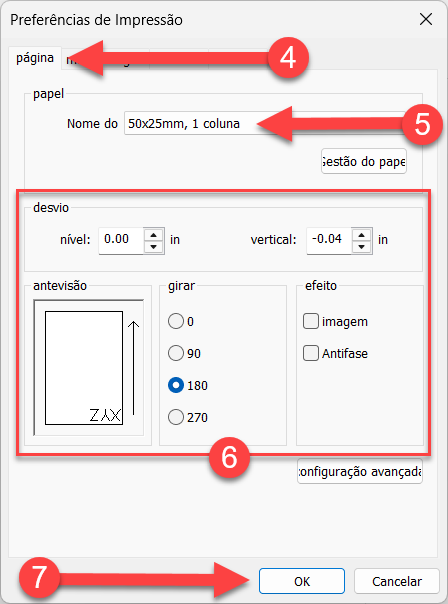 Janela de Preferências de Impressão exibindo o passo a passo para configuração de etiqueta: selecionar a aba "página" (4), definir o formato do papel como "50x25mm, 1 coluna" (5), ajustar as opções de desvio e rotação para 180 graus (6) e confirmar a operação no botão "OK" (7).