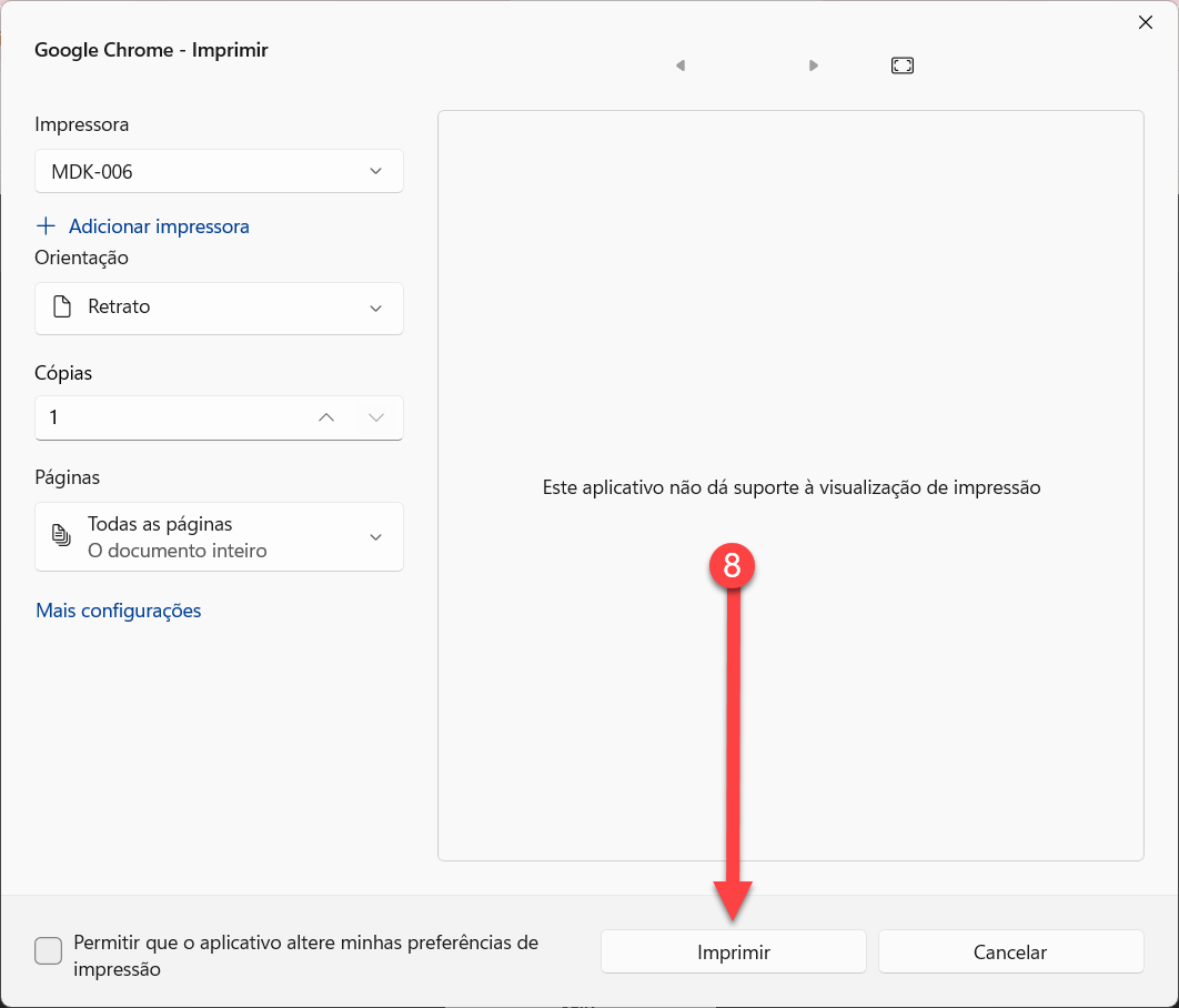 Janela de impressão do sistema no Google Chrome, exibindo opções de impressora, orientação, cópias e páginas, com uma seta indicadora de número 8 apontando para o botão Imprimir.