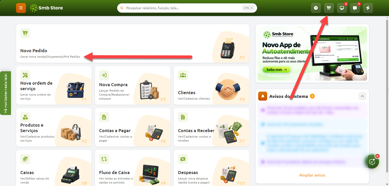 Painel inicial do sistema Smb Store, com destaque para a opção "Novo Pedido" entre os módulos do menu e para o ícone de carrinho de compras na barra superior.