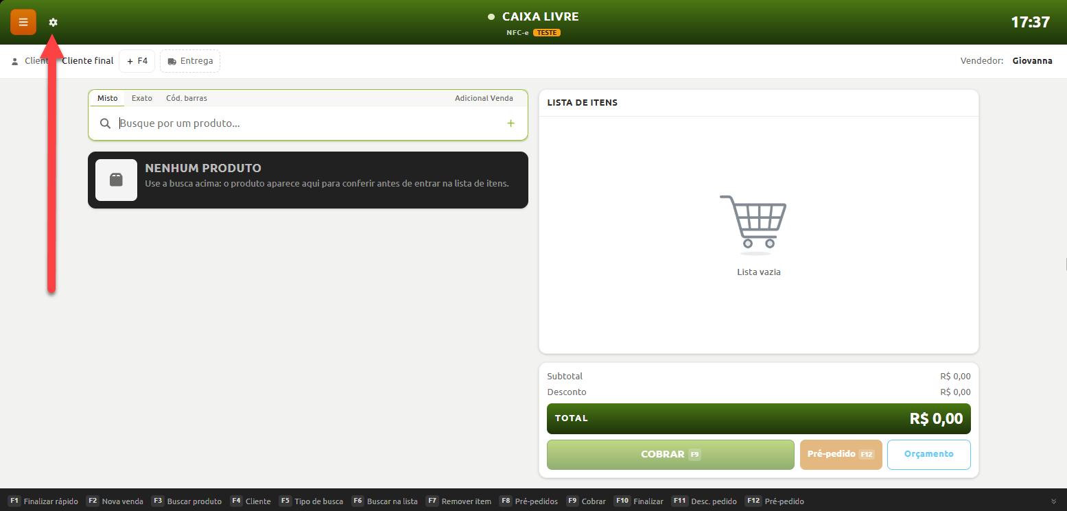 Tela do sistema de ponto de venda no estado de caixa livre, com uma seta em destaque apontando para o ícone de configurações no canto superior esquerdo.