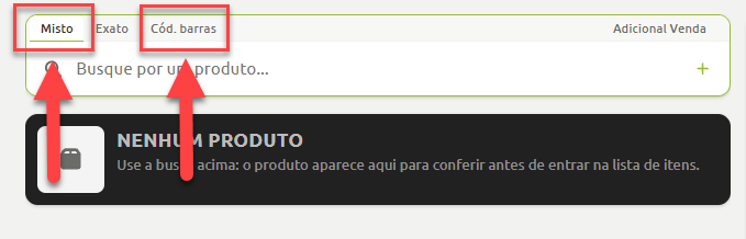 Interface de busca de produtos em sistema de vendas com opções destacadas de pesquisa por modo misto e por código de barras.