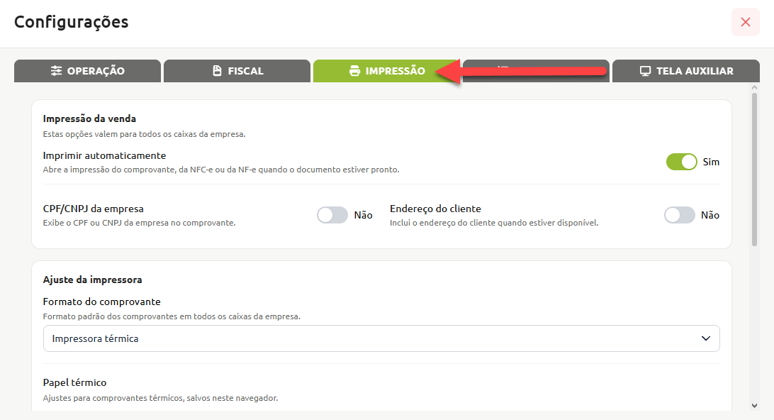 Tela de configurações do sistema na aba Impressão, exibindo opções de impressão automática da venda, inclusão de dados do comprovante e ajuste do formato para impressora térmica.