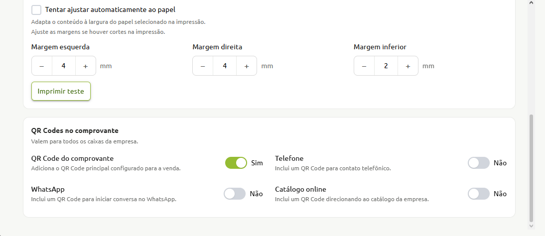 Tela de configurações de impressão com ajustes de margens em milímetros, botão para impressão de teste e opções para inclusão de QR Codes no comprovante, como QR Code da venda, telefone, WhatsApp e catálogo online.