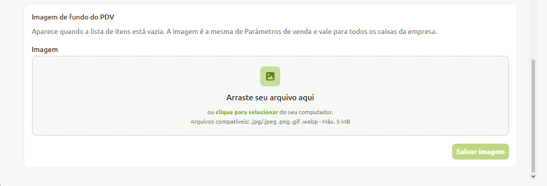 Tela de configuração da imagem de fundo do PDV, com área para arrastar ou carregar arquivos de imagem compatíveis do computador e botão para salvar.