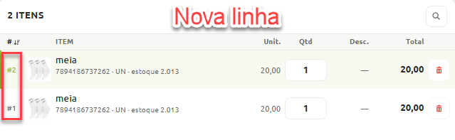Lista de itens de uma venda exibindo o mesmo produto registrado em duas linhas separadas.