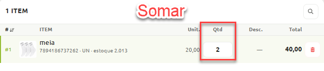 Lista de itens da venda com destaque no campo de quantidade, indicando a soma de unidades do produto selecionado com o valor total atualizado.