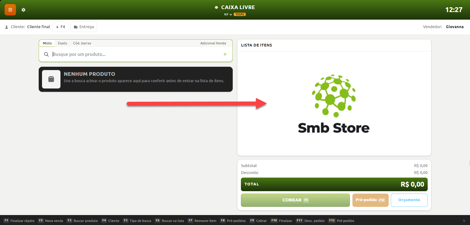 Tela de caixa livre do sistema Smb Store, com campo de busca de produtos à esquerda e a lista de itens vazia à direita aguardando inclusão de produtos.