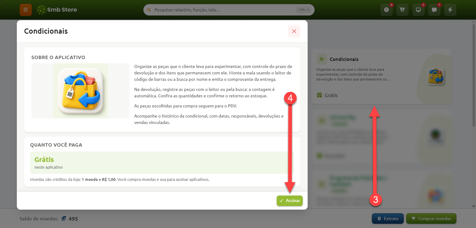 Janela de detalhes e contratação do aplicativo Condicionais no Smb Store, exibindo a descrição das funcionalidades do app, a indicação de gratuidade e o botão para assinar.