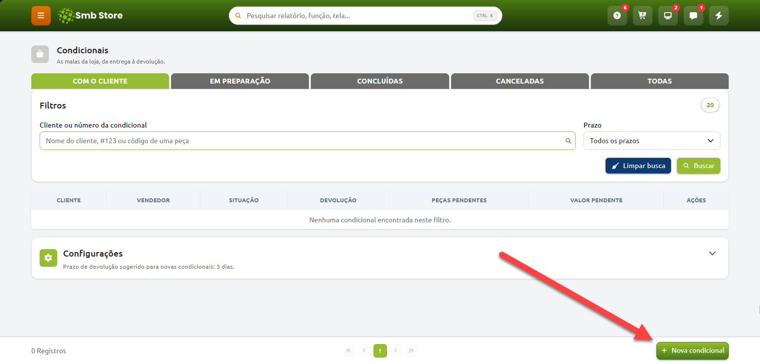 Tela de gerenciamento de condicionais no Smb Store, exibindo filtros de busca e lista de registros vazia, com uma seta vermelha apontando para o botão "Nova condicional" no canto inferior direito.