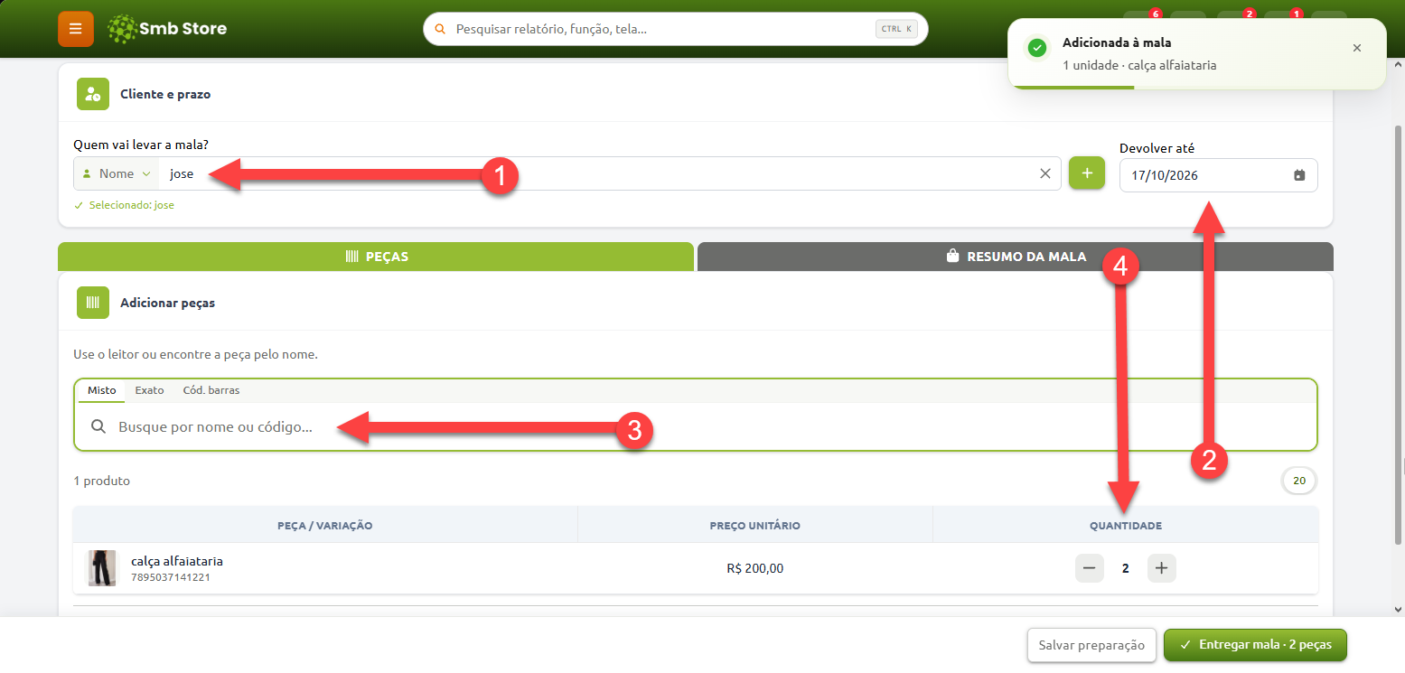 Tela de montagem de mala no sistema Smb Store, apresentando o passo a passo com indicação numerada para selecionar o cliente (1), definir a data de devolução (2), buscar e adicionar produtos (3) e ajustar a quantidade dos itens incluídos (4).