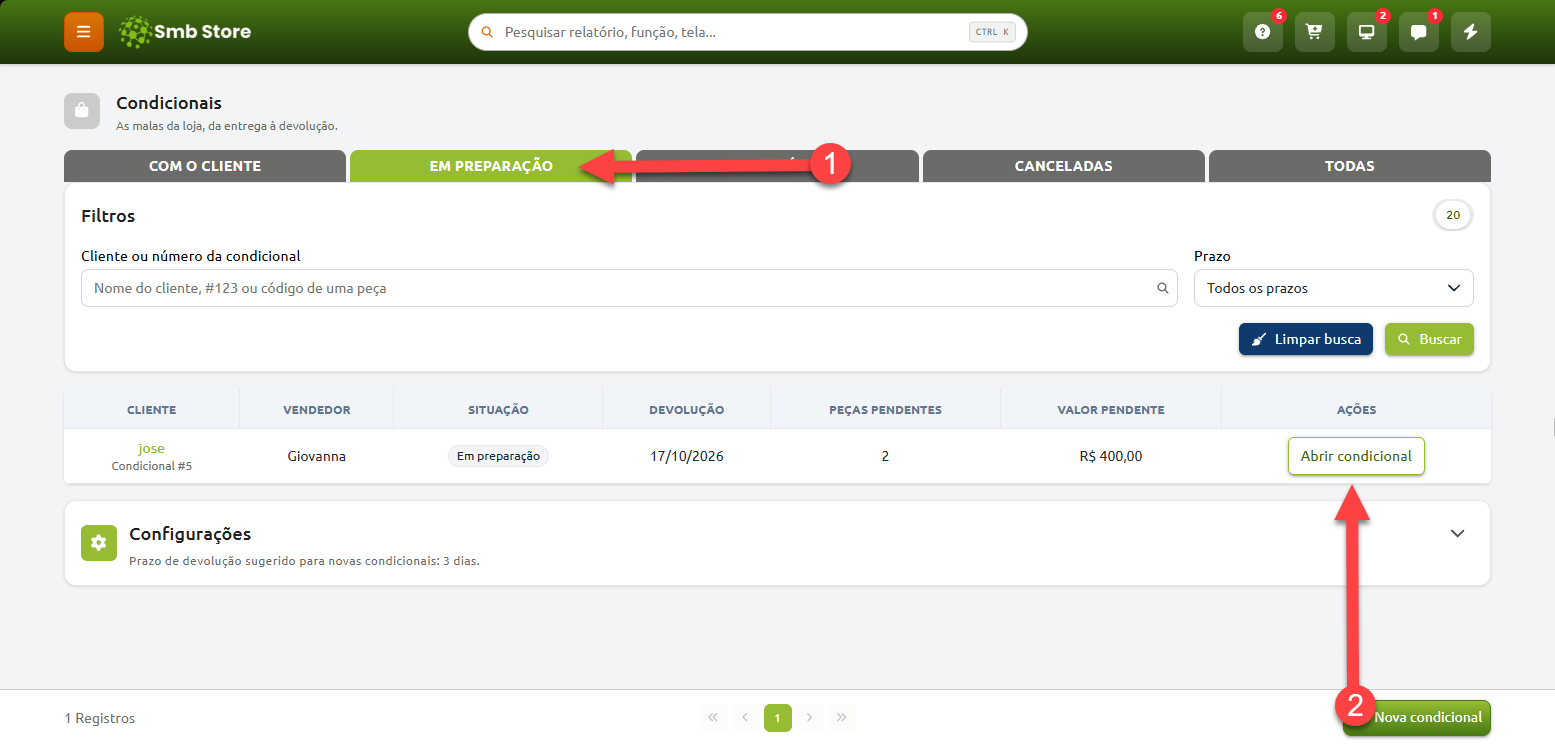 Tela de gerenciamento de condicionais no Smb Store, com a aba "Em preparação" selecionada na etapa 1 e opções para abrir uma condicional existente ou criar uma nova condicional na etapa 2.