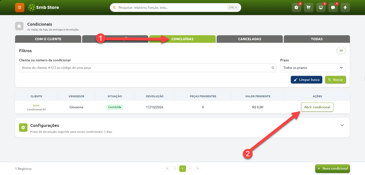 Tela de gerenciamento de condicionais no Smb Store, destacando a aba de condicionais concluídas e o botão para abrir os detalhes de um registro concluído na lista.