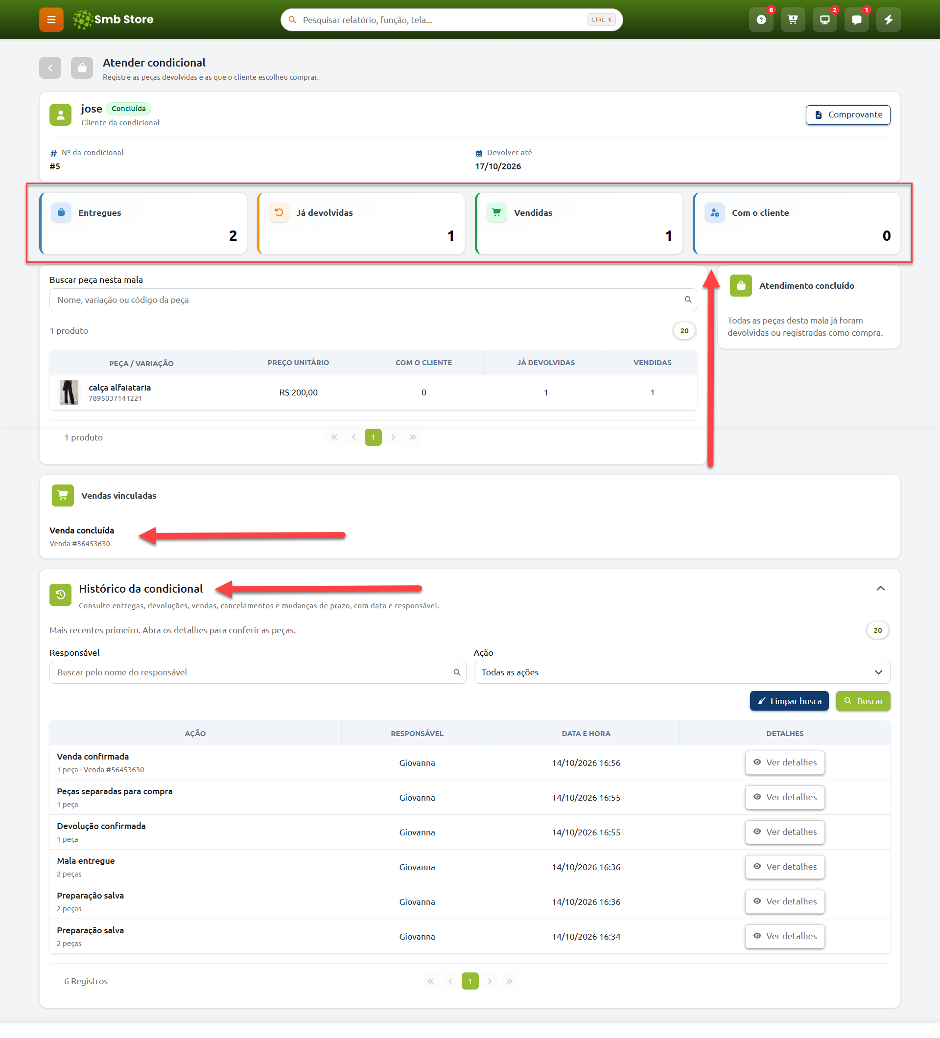 Tela do sistema Smb Store exibindo uma condicional concluída, com resumo das quantidades de peças entregues, devolvidas e vendidas, além da indicação da venda vinculada e do histórico completo de ações registradas.