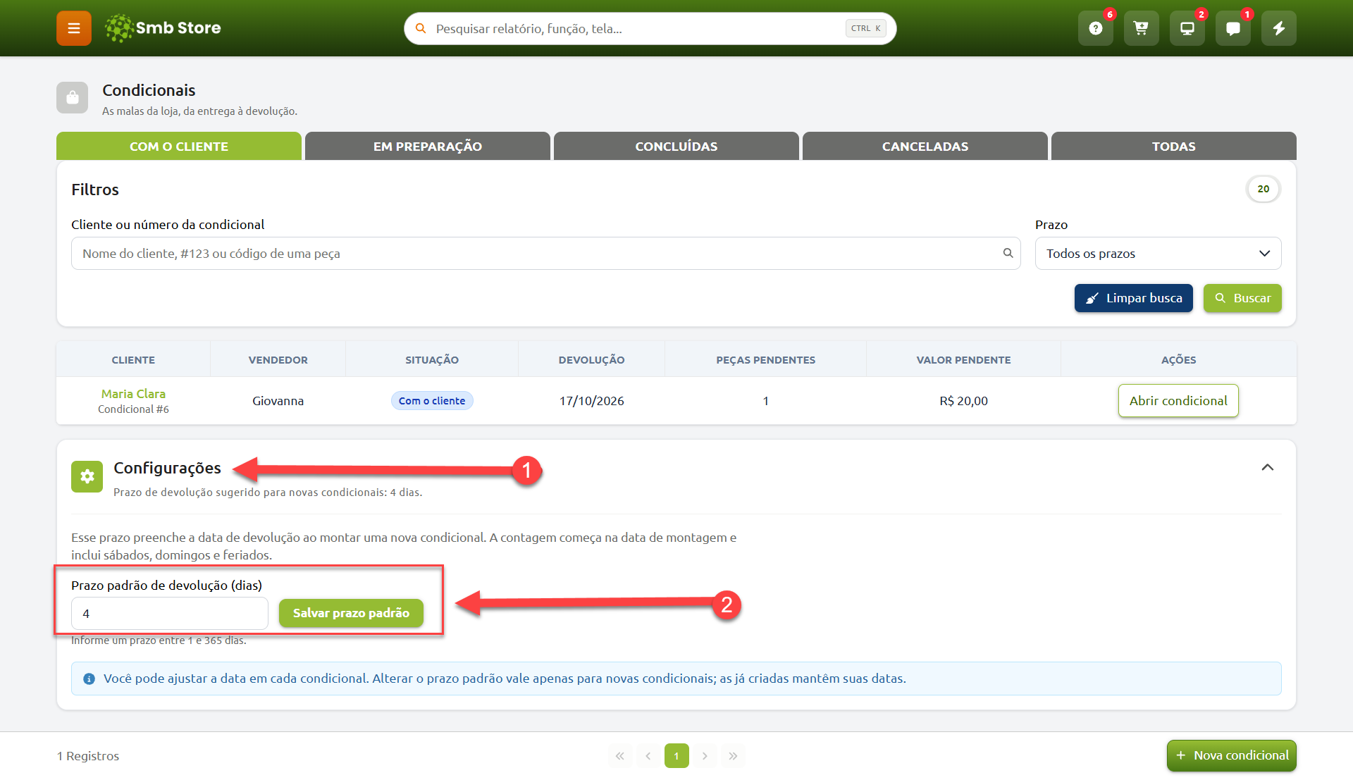 Tela de gerenciamento de condicionais no Smb Store, destacando a seção de configurações para definição e salvamento do prazo padrão de devolução em dias.
