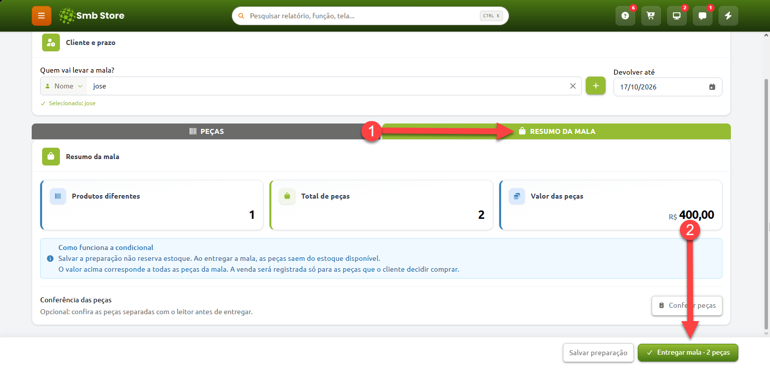 Tela de resumo da mala condicional no sistema Smb Store, indicando a aba de resumo com a contagem de produtos, total de peças e valor total, além do botão para finalizar a entrega da mala.