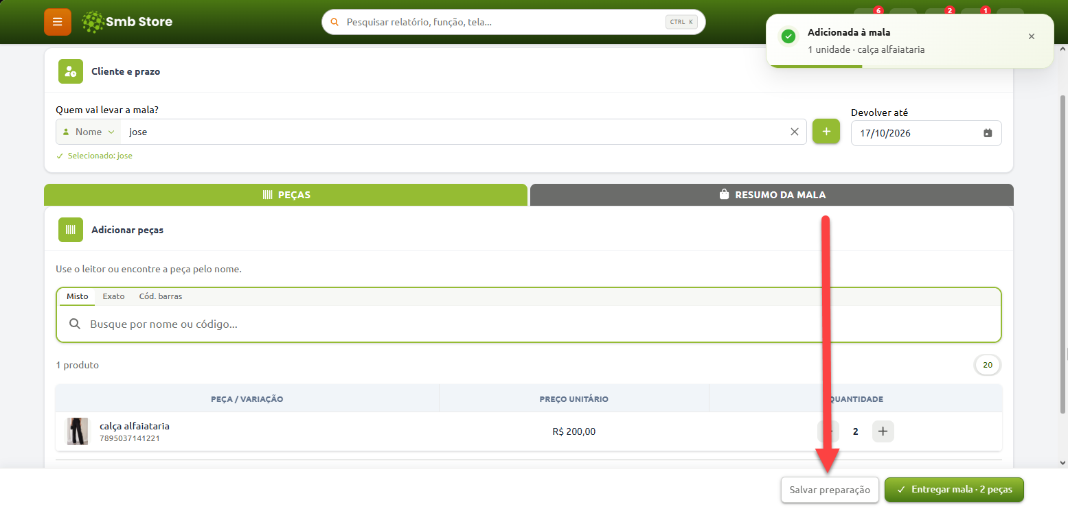 Tela do sistema Smb Store para montagem de mala de condicional com cliente selecionado, prazo de devolução, item adicionado à lista e uma seta vermelha apontando para o botão "Salvar preparação".