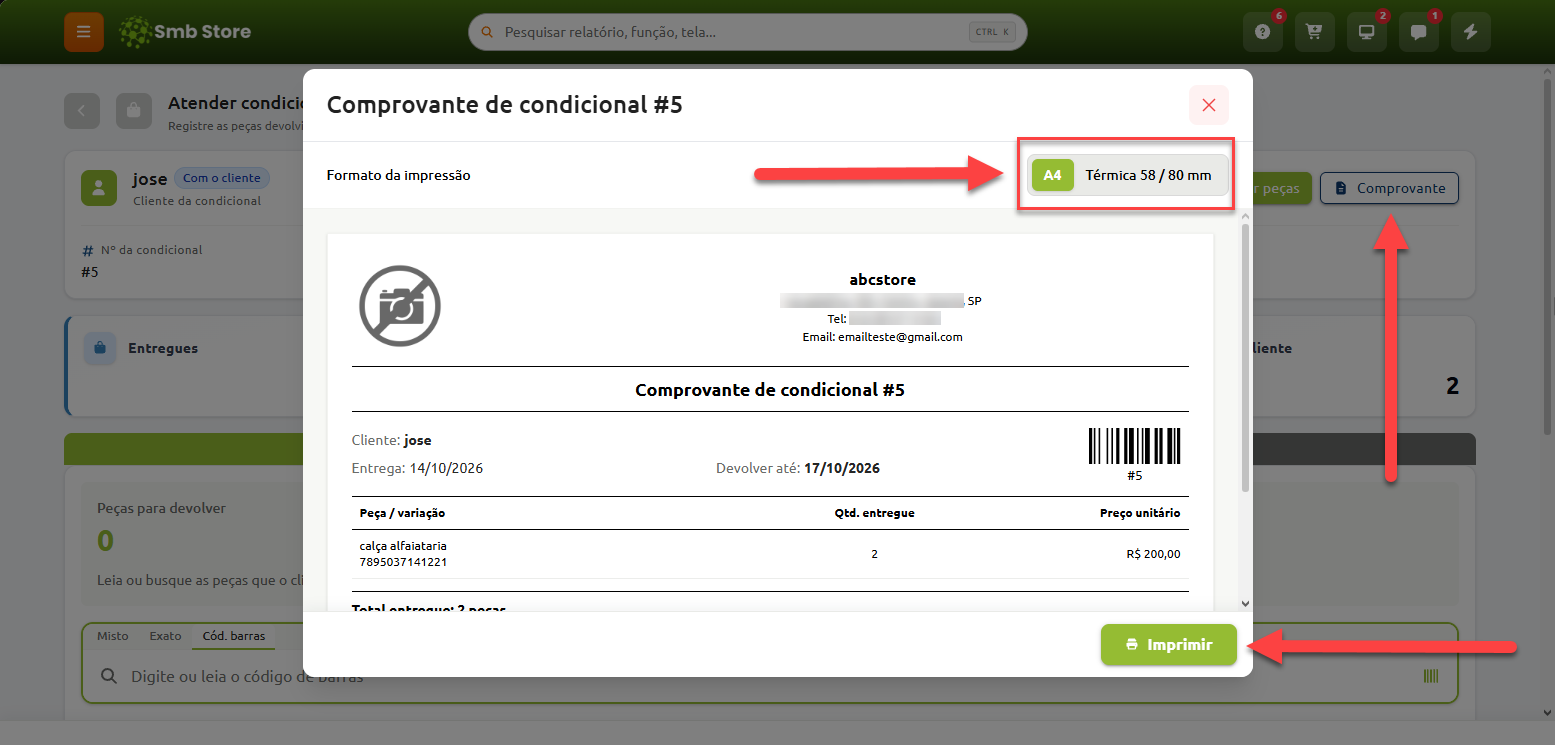 Janela de visualização do comprovante de condicional no Smb Store, destacando a seleção do formato de impressão entre A4 e térmica 58/80 mm e o botão para imprimir o documento.