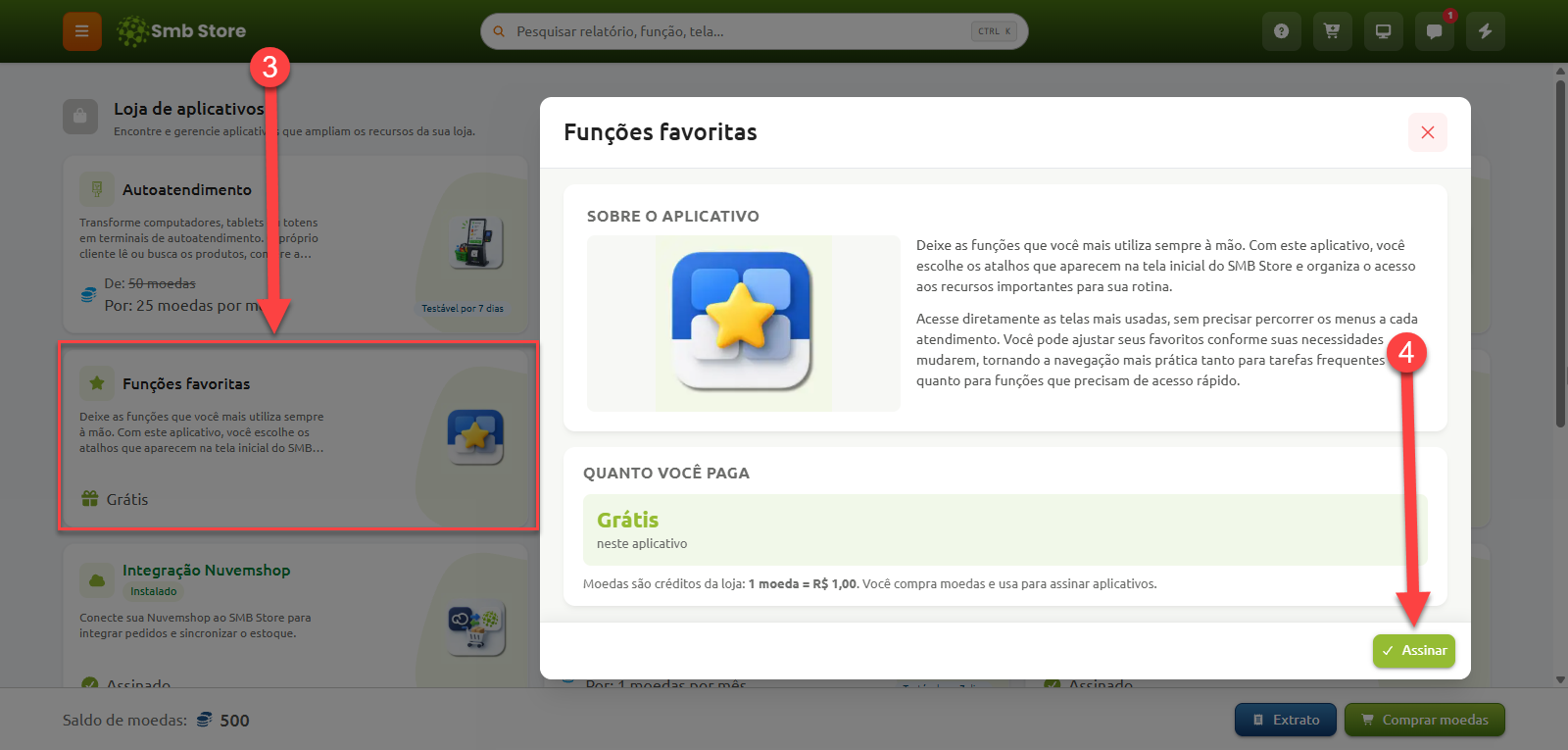 Tela da loja de aplicativos do Smb Store exibindo a seleção do item Funções favoritas e a janela com a descrição do recurso e a opção de assinar gratuitamente.