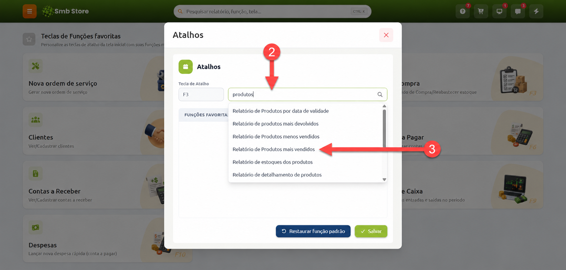 Janela de configuração de atalhos no sistema Smb Store, demonstrando a pesquisa por funções para vincular a opção "Relatório de Produtos mais vendidos" à tecla de atalho F3.