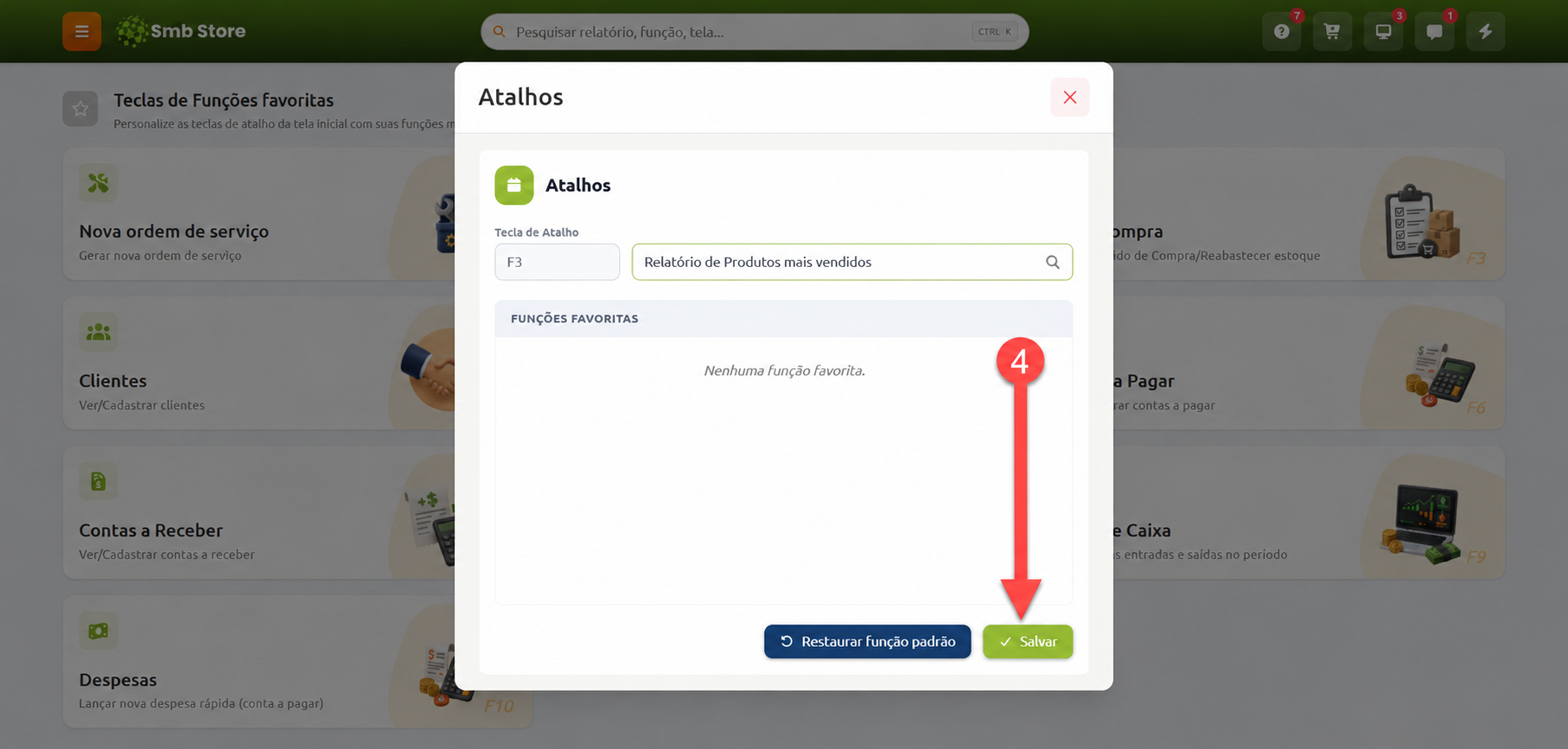 Janela de configuração de atalhos no sistema Smb Store, com a tecla F3 vinculada à função Relatório de Produtos mais vendidos e indicação para o botão Salvar.
