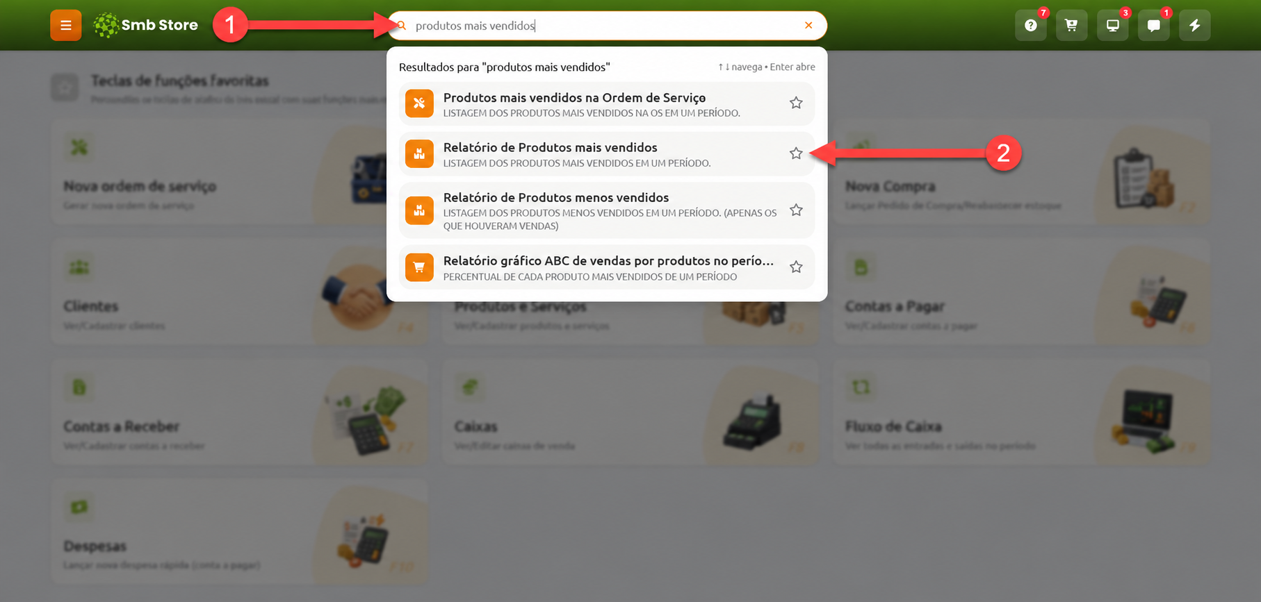 Tela do sistema Smb Store com a busca pelo termo "produtos mais vendidos" no campo de pesquisa superior e a lista de resultados exibindo a opção "Relatório de Produtos mais vendidos".