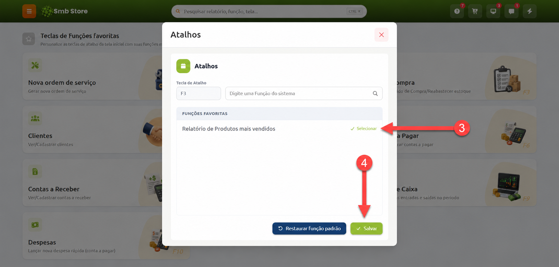 Janela de configuração de atalhos no sistema Smb Store, destacando a seleção da função para a tecla F3 e a confirmação no botão de salvar.