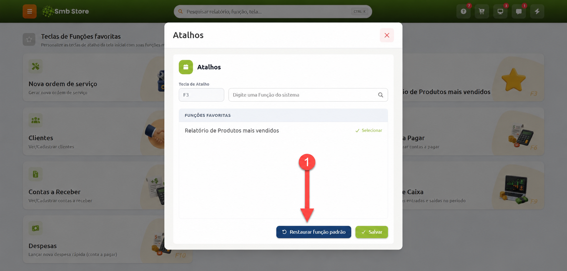 Janela de configuração de atalhos no Smb Store, com indicação apontando para a opção Restaurar função padrão.